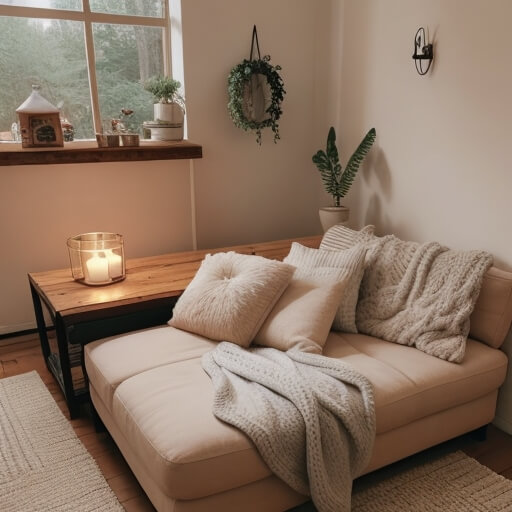 Ein Sofa mit Decken vor einem Fenster