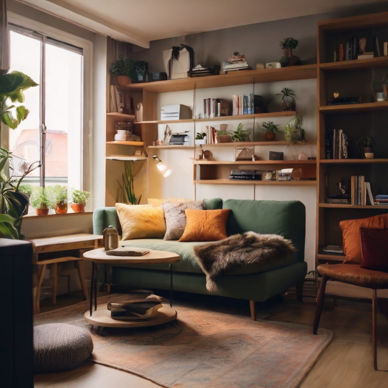 Ein kleines Wohnzimmer mit Pflanzen und Bücherregalen